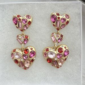 Oscar de la Renta Blue Heart Dangle Earrings Gold Tone Rhinestone Drop Earrings